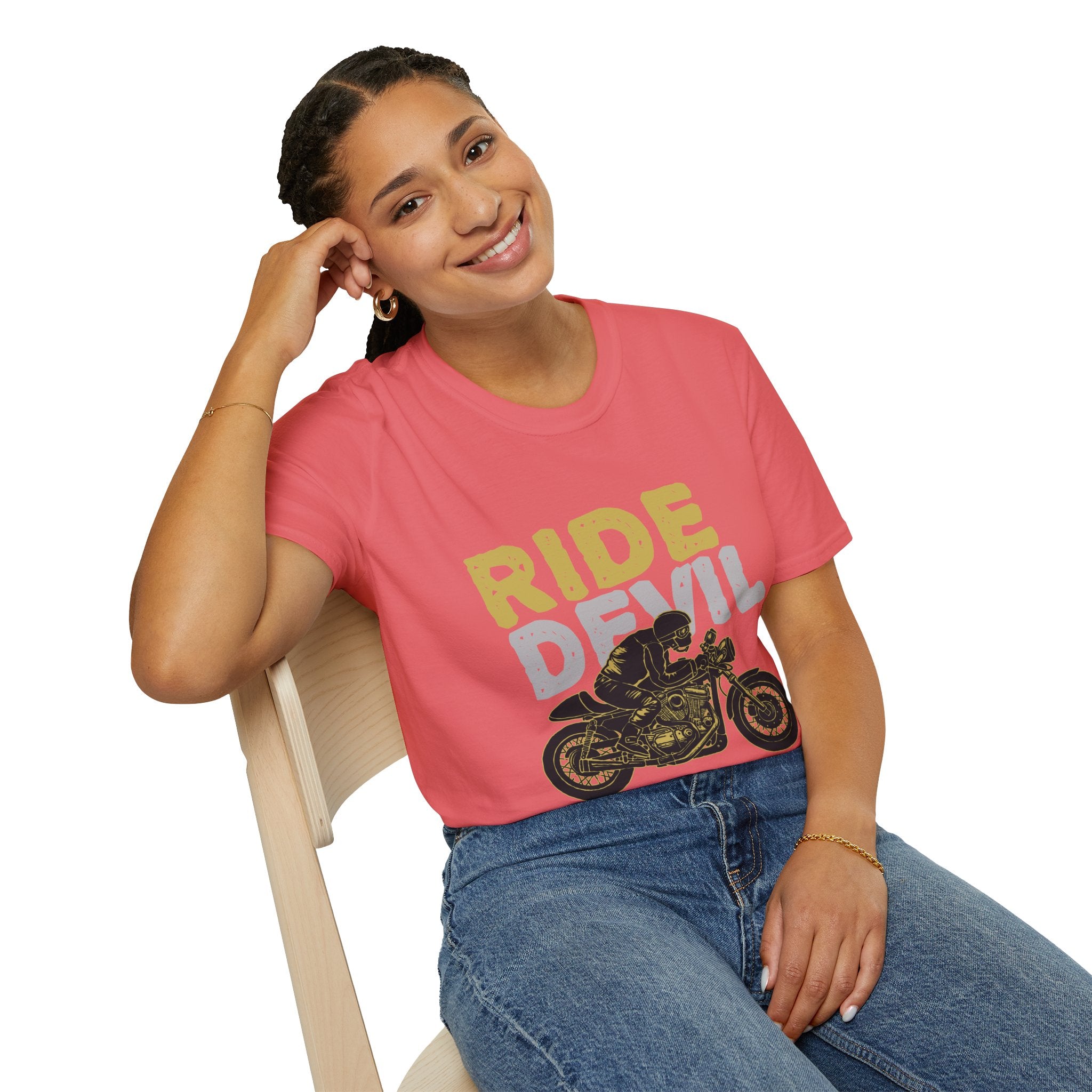 Unisex Softstyle T-Shirt with 'Ride Devil' Graphic - Perfect for Bikers, Gift for Motorcycle Lovers, Casual Wear, Event Merchandise, [...]