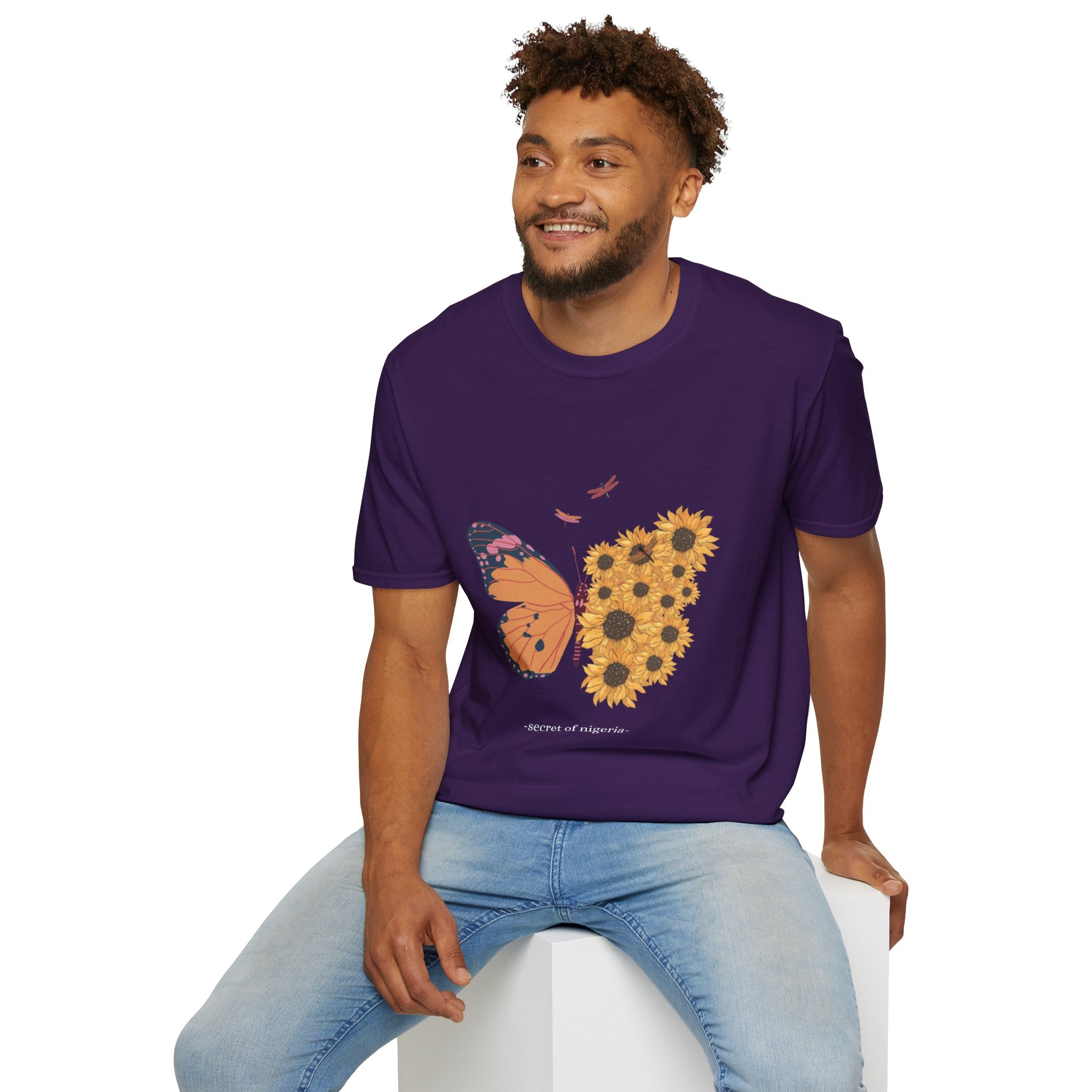 Butterfly and Sunflower Unisex Softstyle T-Shirt, Nature Lovers