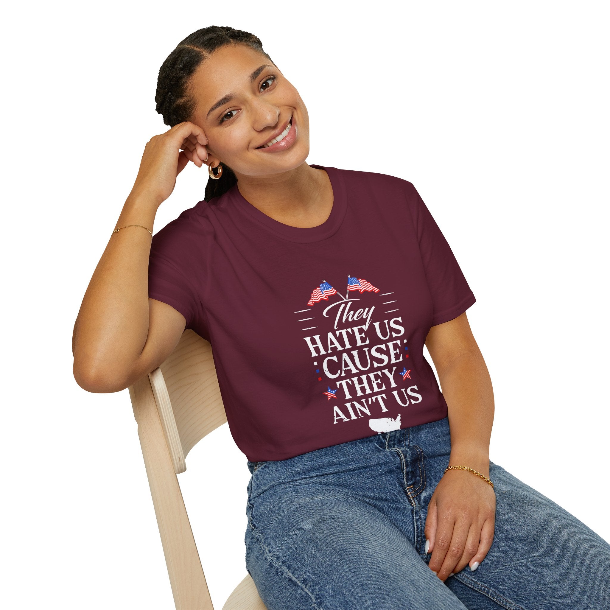Unisex Softstyle Tee - They Hate Us Cause They Ain't Us, Casual Wear, Gift for Friends, Trendy Graphic Shirt, Comfortable Everyday [...]