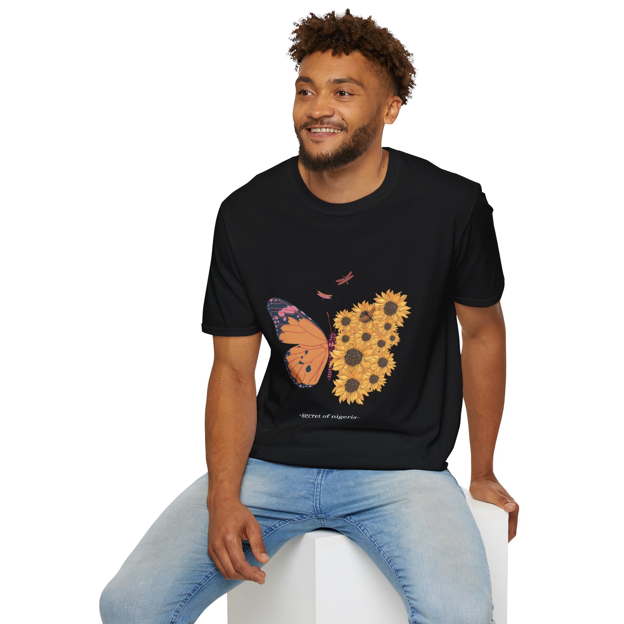 Butterfly and Sunflower Unisex Softstyle T-Shirt, Nature Lovers