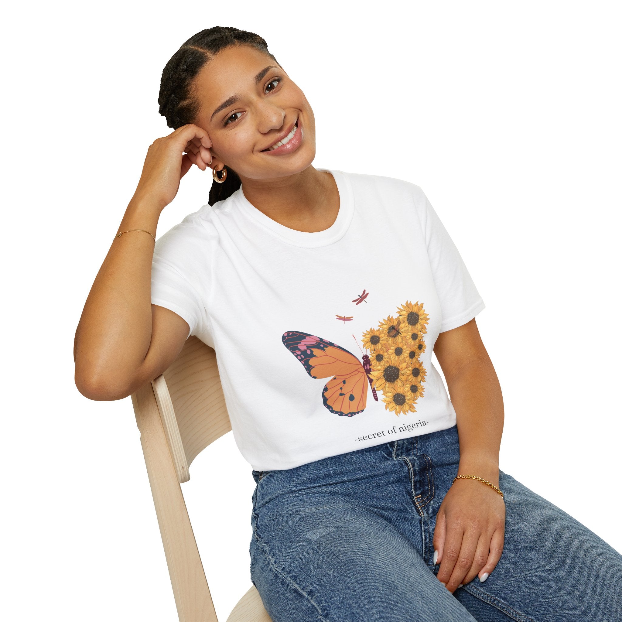 Butterfly and Sunflower Unisex Softstyle T-Shirt, Nature Lovers