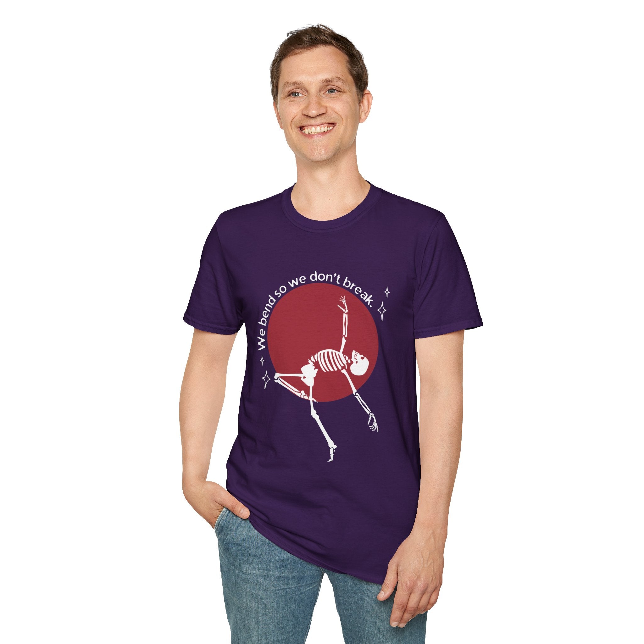 Skeleton Yoga Unisex T-Shirt, We Bend So We Don't Break Tee