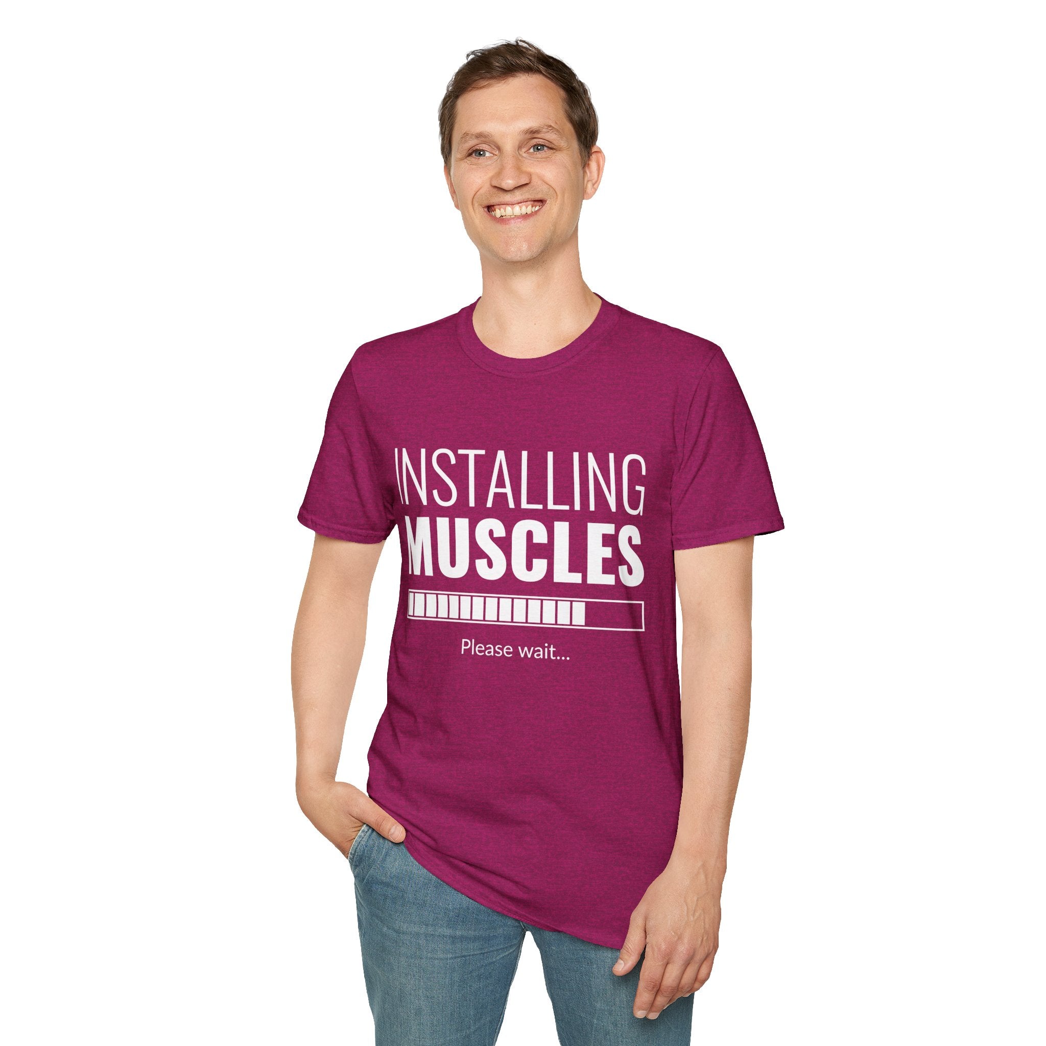 Funny Workout T-Shirt for Fitness Lovers, Gym Humor Shirt, Gift for Him or Her, Installing Muscles Tee, Soft and Comfortable Top