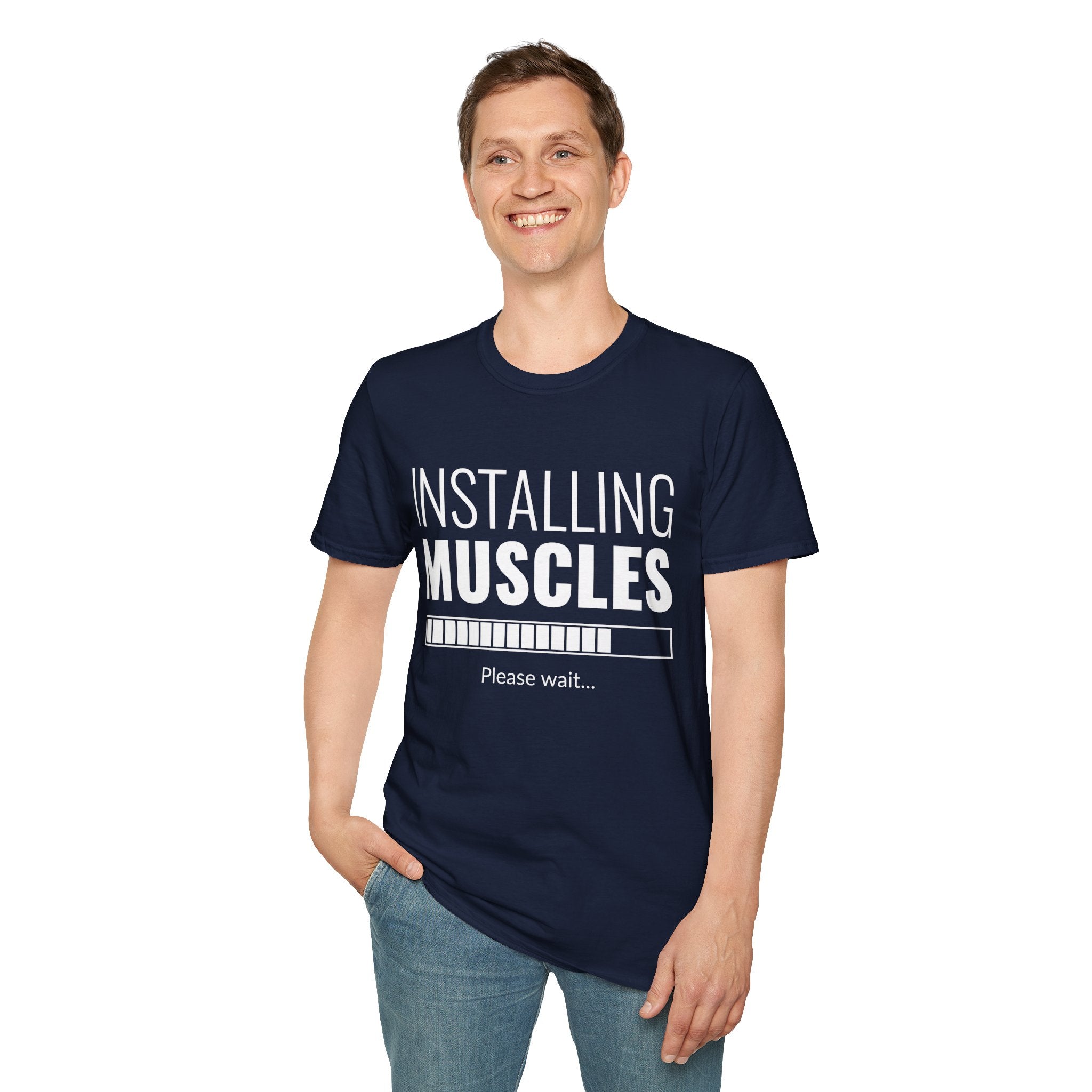 Funny Workout T-Shirt for Fitness Lovers, Gym Humor Shirt, Gift for Him or Her, Installing Muscles Tee, Soft and Comfortable Top