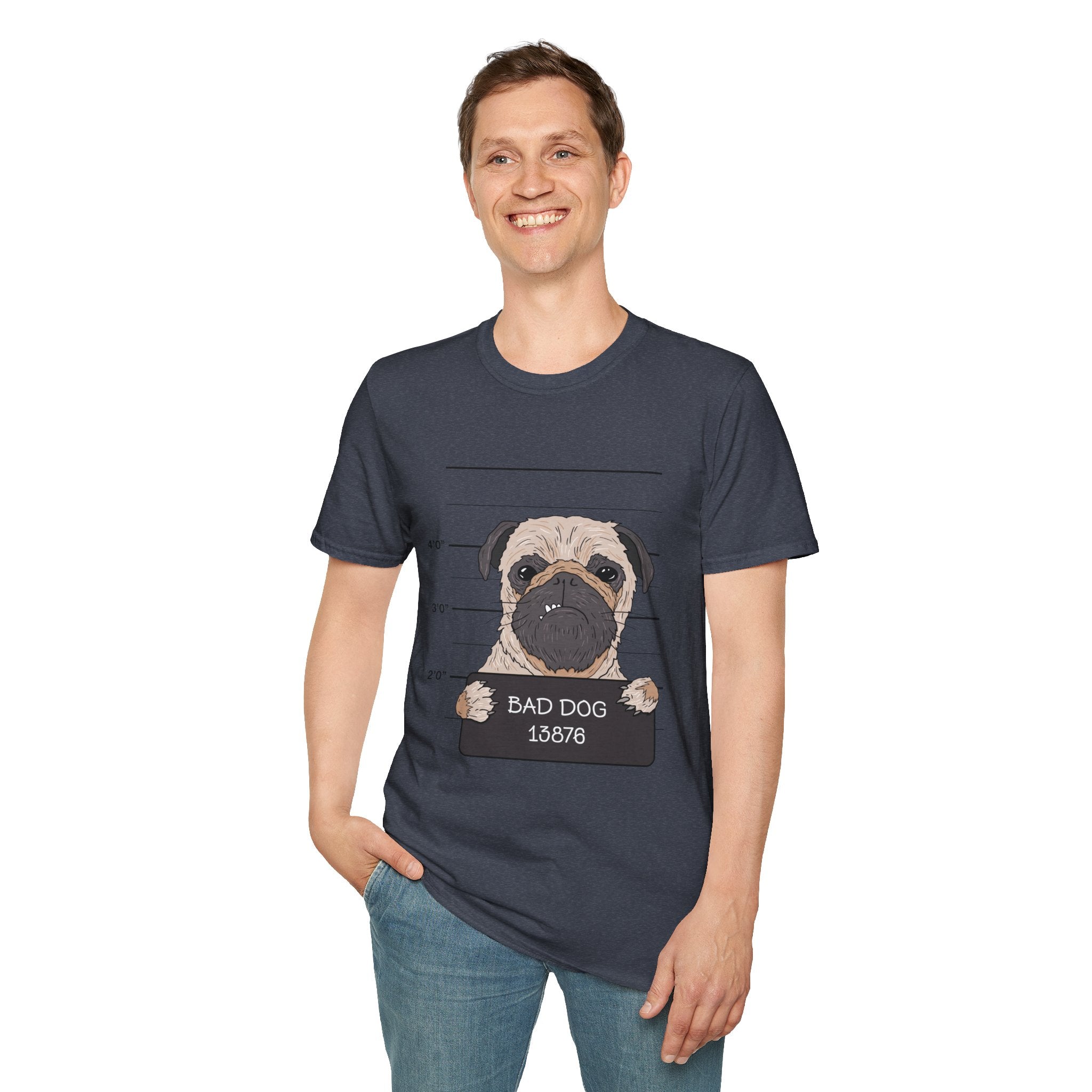 Bad Dog Pug Unisex Softstyle T-Shirt, Funny Dog Lover Tee, Pet Owner Gift, Casual Wear, Dog-Themed Apparel, Pet Humor Shirt