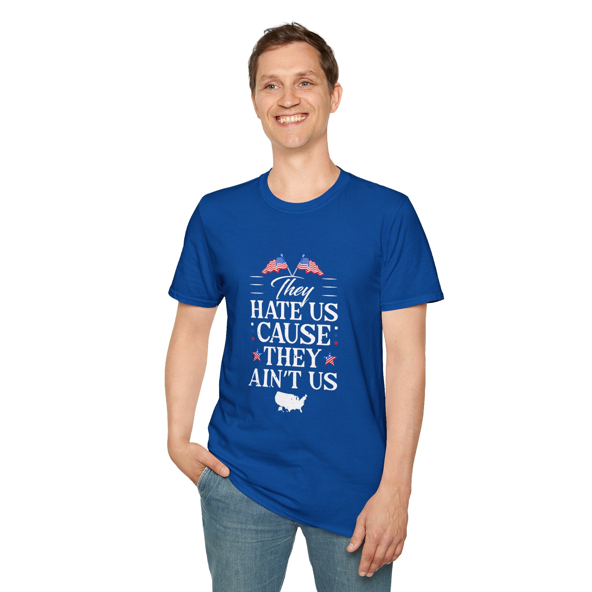 Unisex Softstyle Tee - They Hate Us Cause They Ain't Us, Casual Wear, Gift for Friends, Trendy Graphic Shirt, Comfortable Everyday [...]