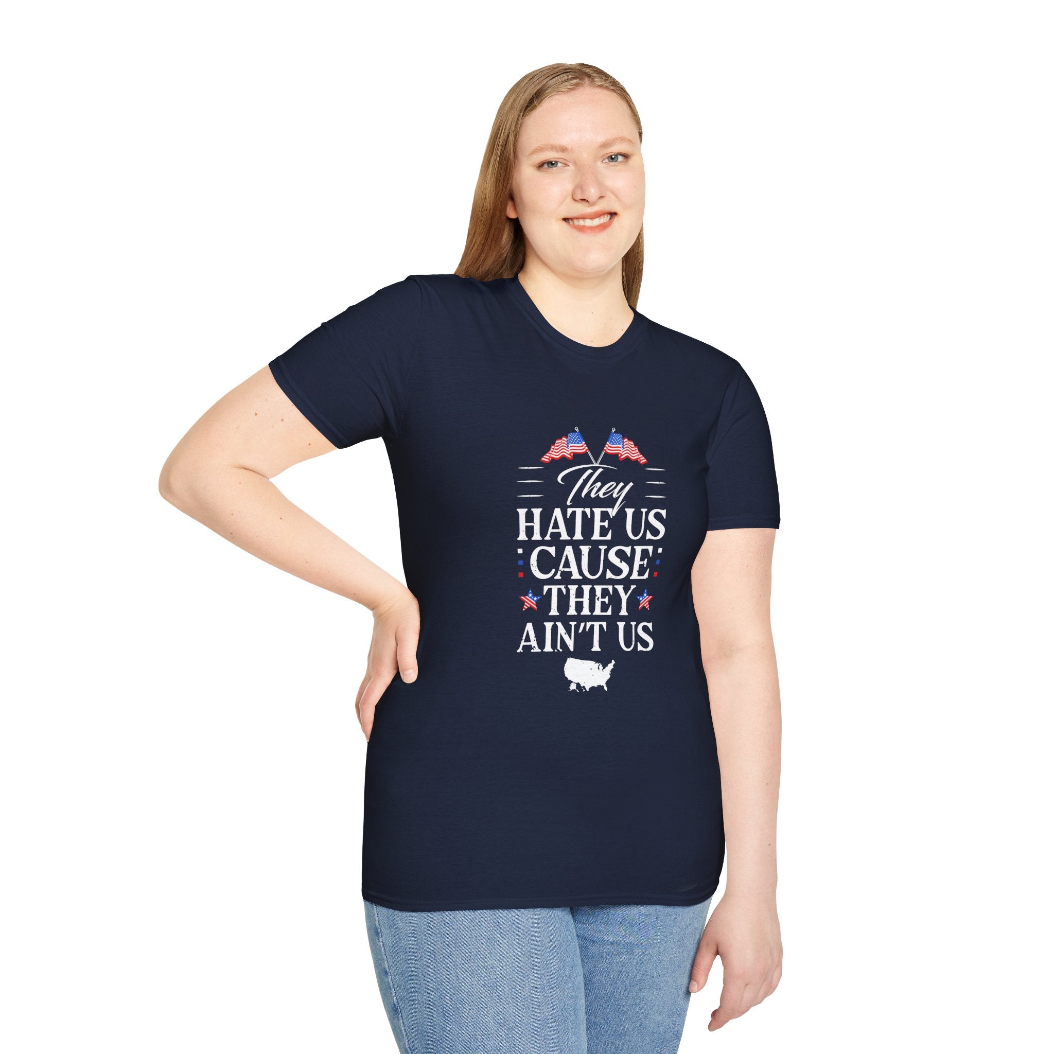 Unisex Softstyle Tee - They Hate Us Cause They Ain't Us, Casual Wear, Gift for Friends, Trendy Graphic Shirt, Comfortable Everyday [...]