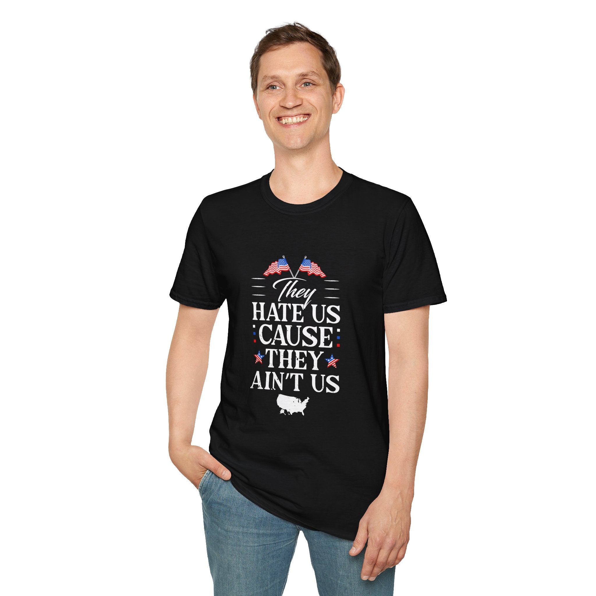 Unisex Softstyle Tee - They Hate Us Cause They Ain't Us, Casual Wear, Gift for Friends, Trendy Graphic Shirt, Comfortable Everyday [...]