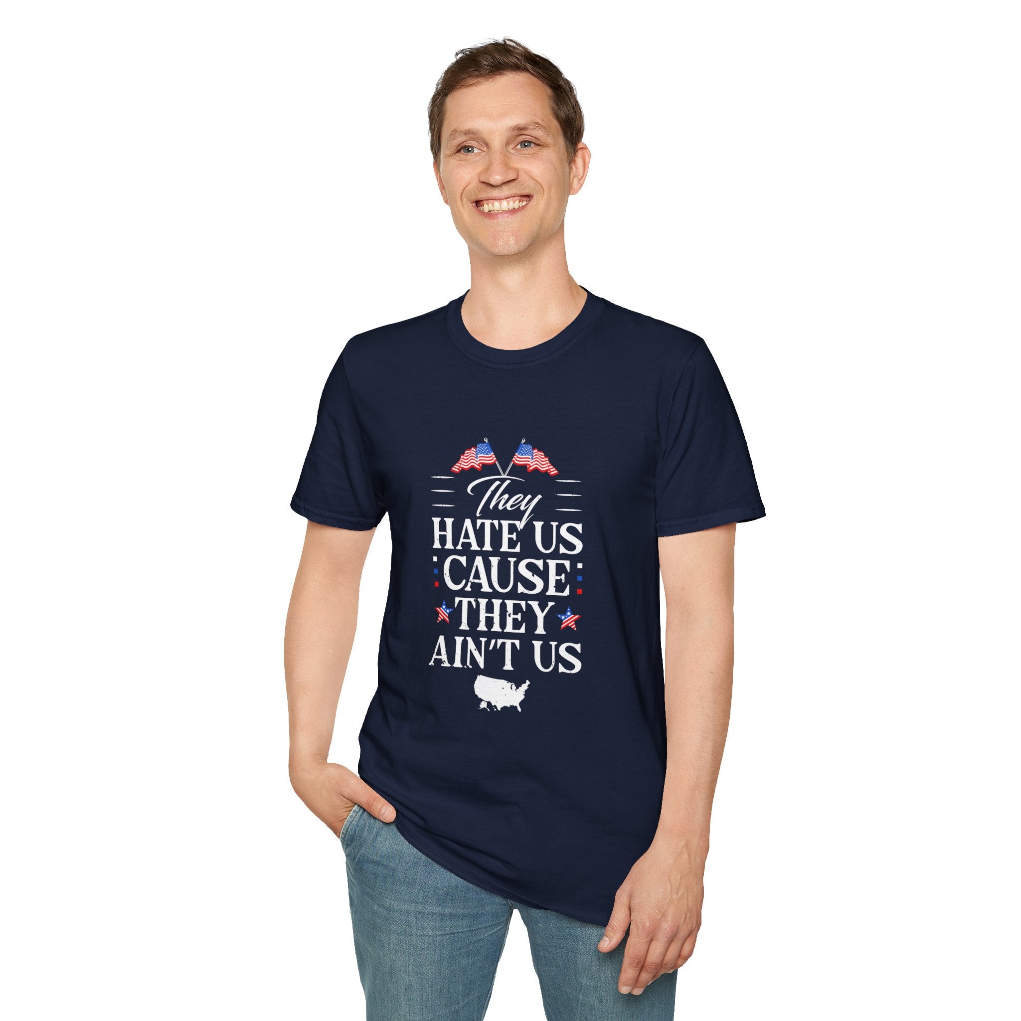 Unisex Softstyle Tee - They Hate Us Cause They Ain't Us, Casual Wear, Gift for Friends, Trendy Graphic Shirt, Comfortable Everyday [...]