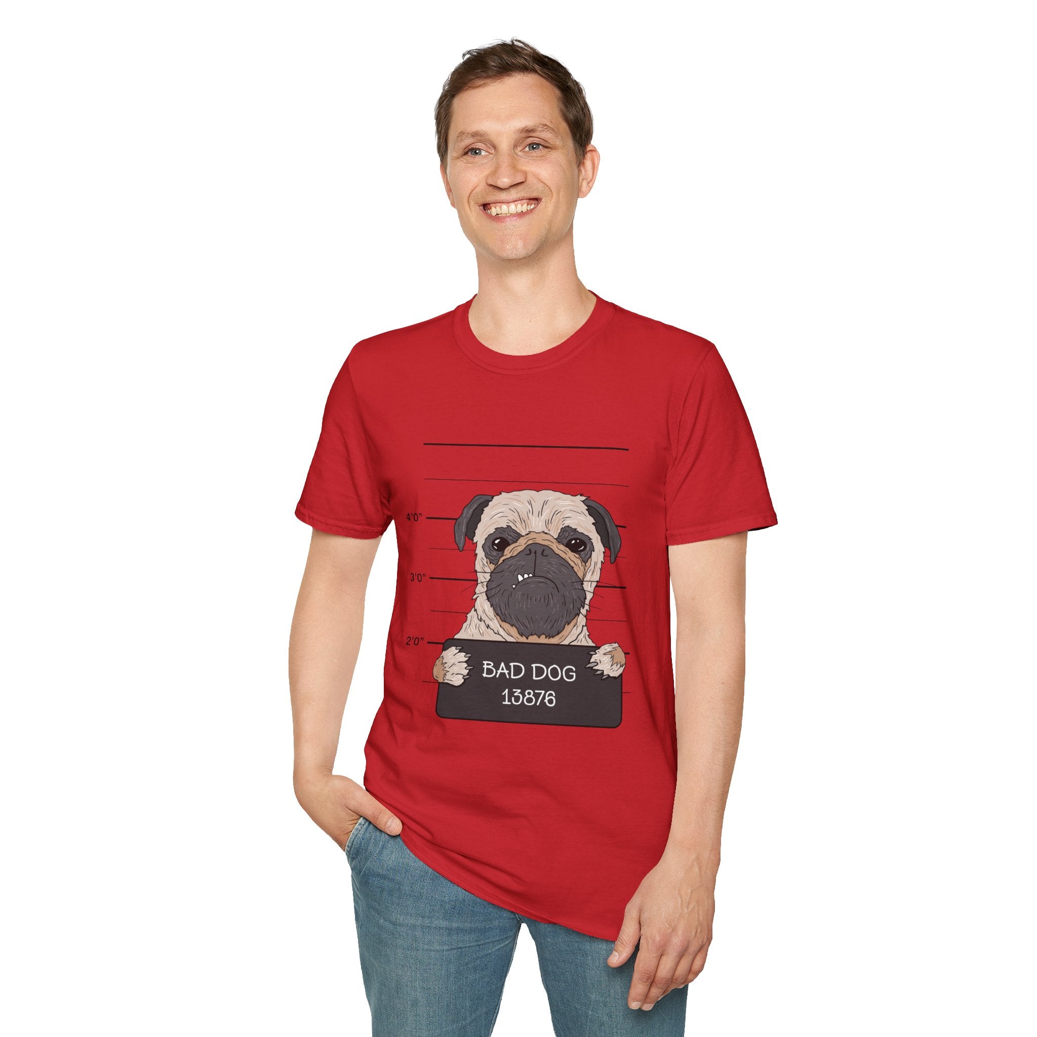 Bad Dog Pug Unisex Softstyle T-Shirt, Funny Dog Lover Tee, Pet Owner Gift, Casual Wear, Dog-Themed Apparel, Pet Humor Shirt