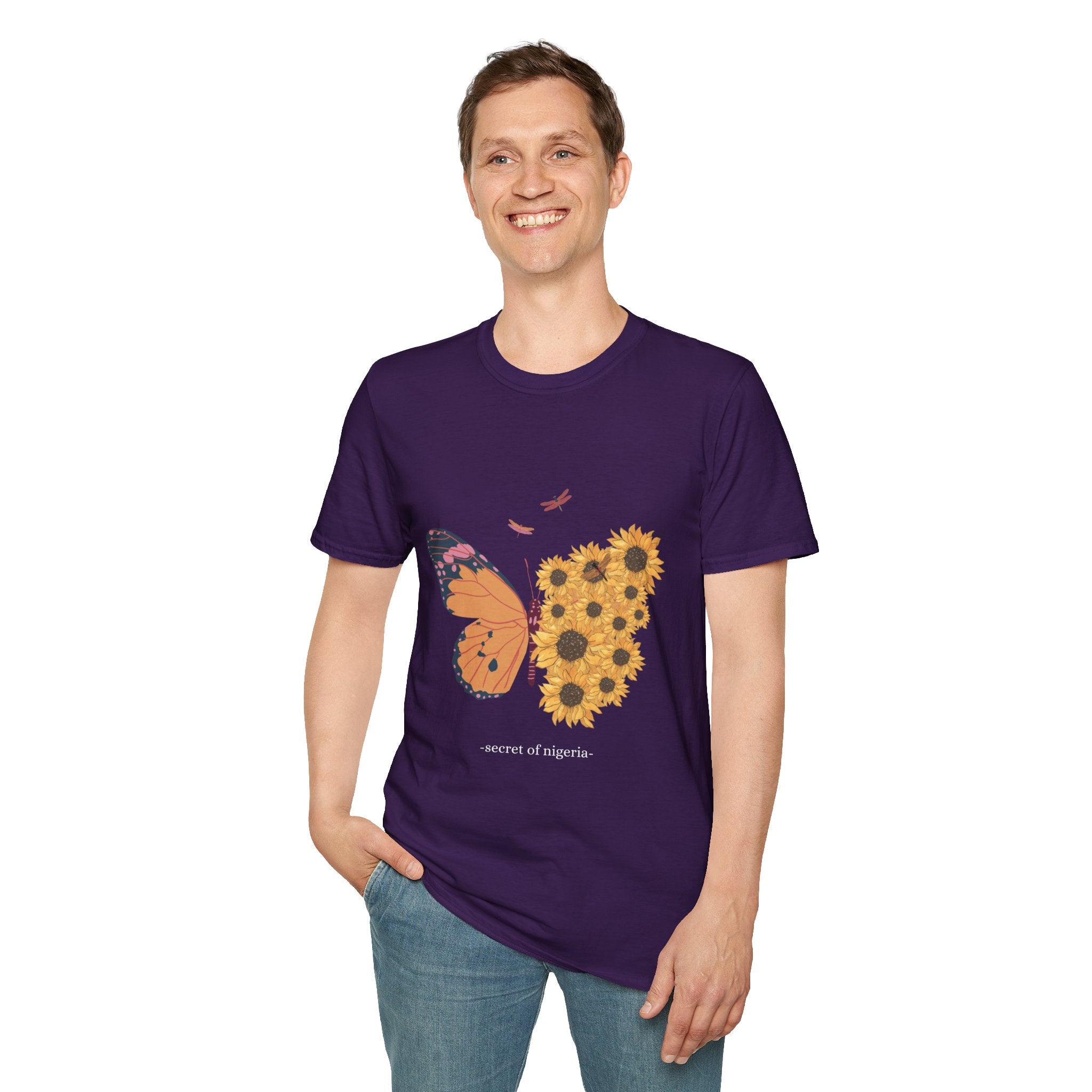 Butterfly and Sunflower Unisex Softstyle T-Shirt, Nature Lovers