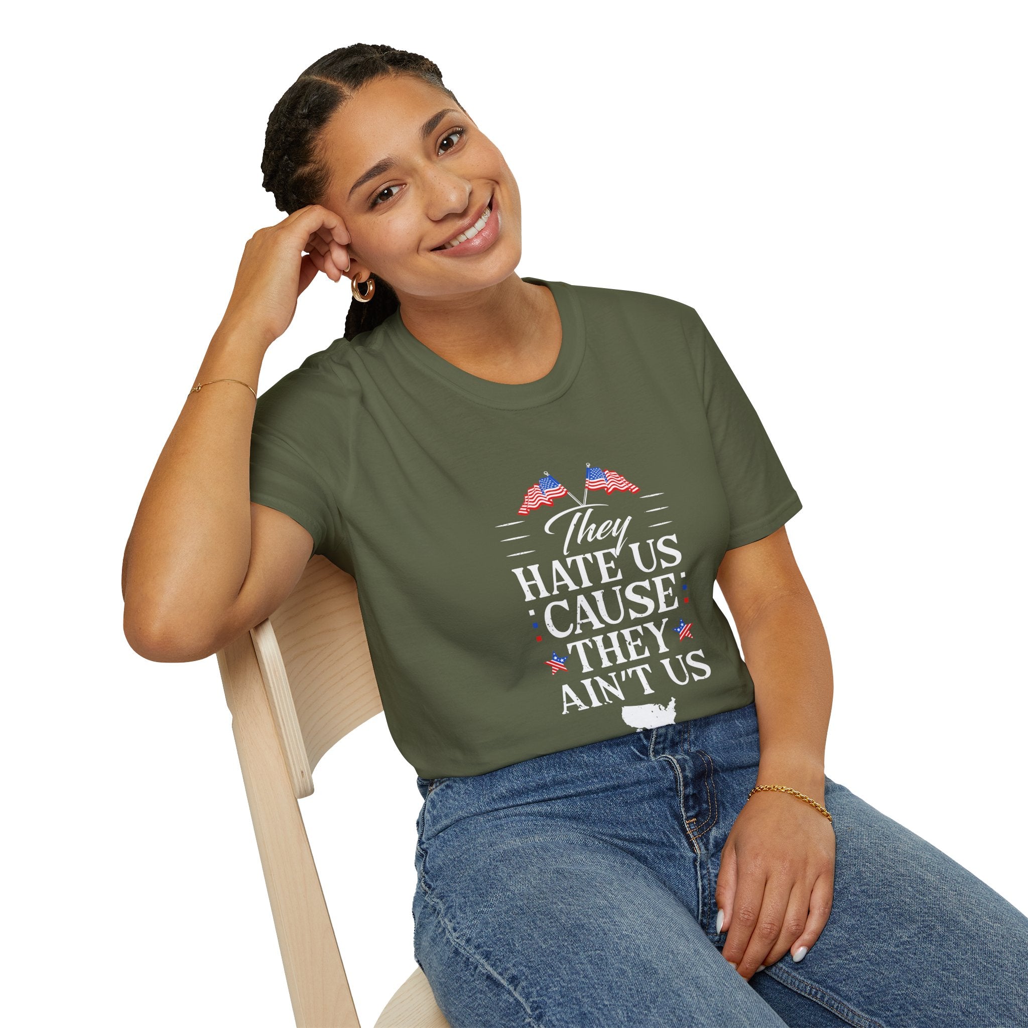 Unisex Softstyle Tee - They Hate Us Cause They Ain't Us, Casual Wear, Gift for Friends, Trendy Graphic Shirt, Comfortable Everyday [...]