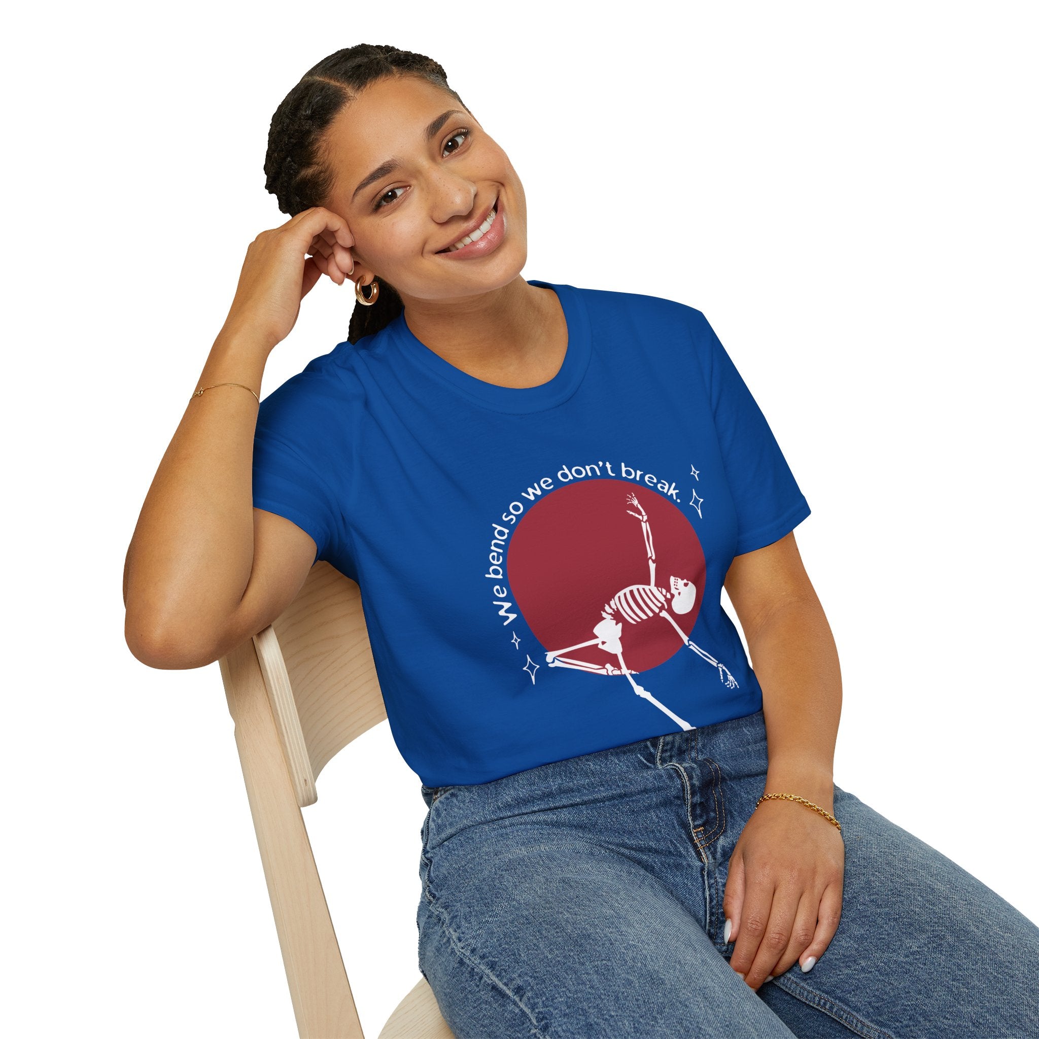 Skeleton Yoga Unisex T-Shirt, We Bend So We Don't Break Tee