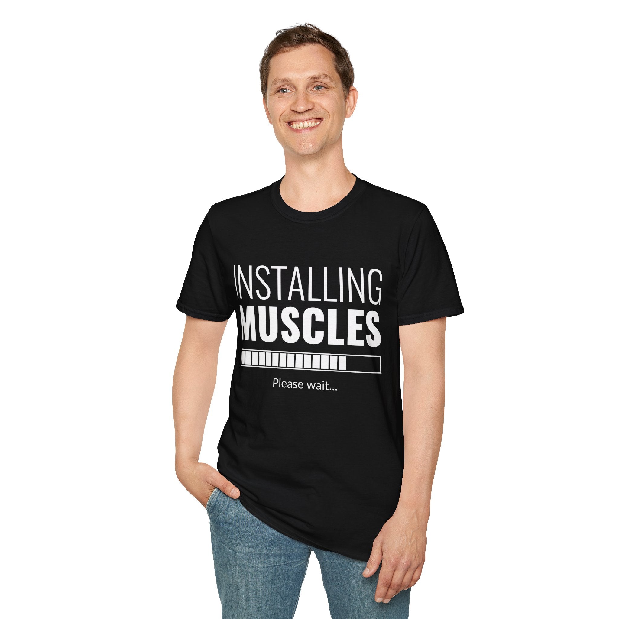 Funny Workout T-Shirt for Fitness Lovers, Gym Humor Shirt, Gift for Him or Her, Installing Muscles Tee, Soft and Comfortable Top