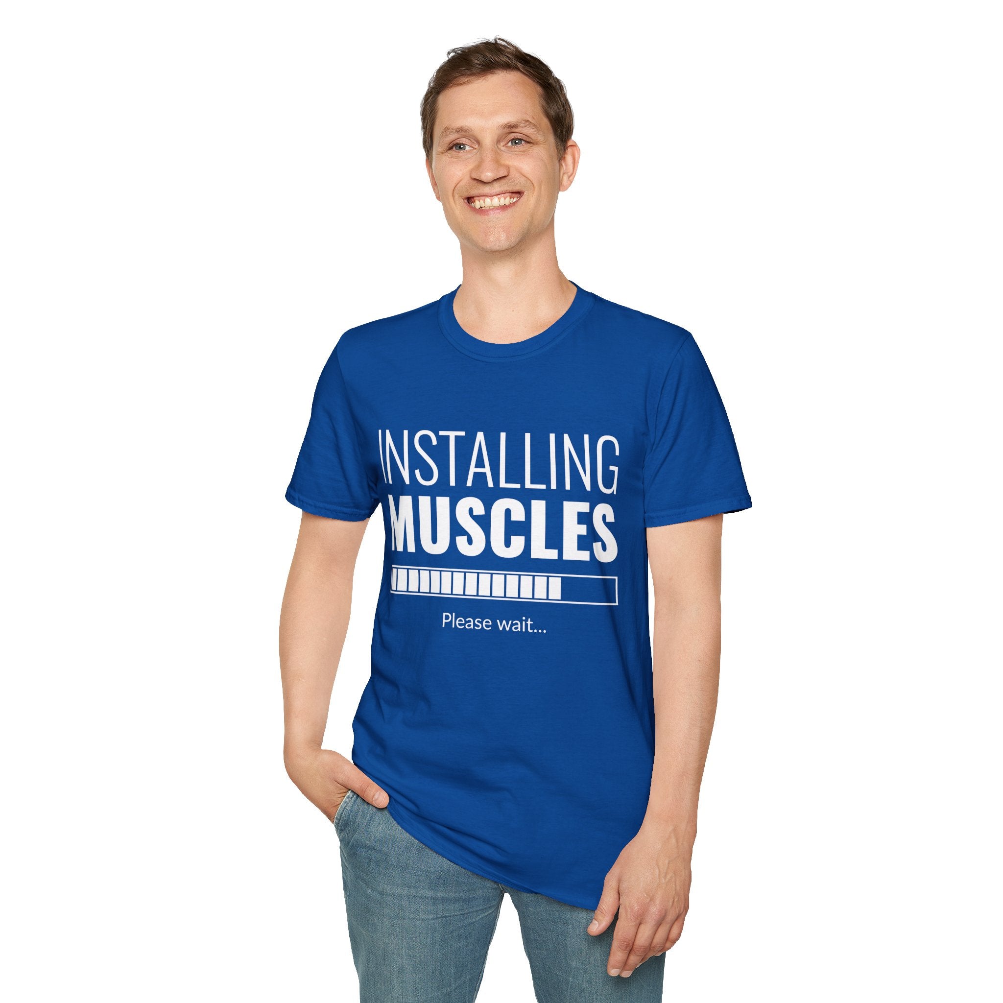 Funny Workout T-Shirt for Fitness Lovers, Gym Humor Shirt, Gift for Him or Her, Installing Muscles Tee, Soft and Comfortable Top